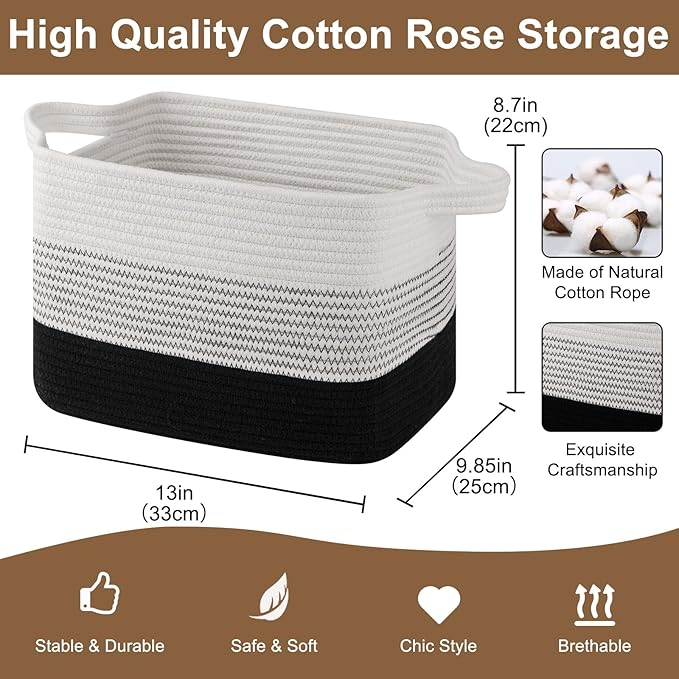 Storage Basket for Organizing, Woven Baskets for Storage, Rectangle Decorative Baskets for Shleves, Closet, Toys, Books, Nursery Organizer Bins - Pack of 3 (Gradient Black)