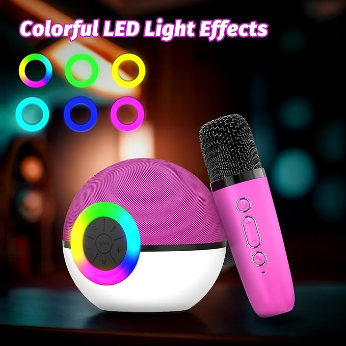 goopow Mini Karaoke Machine Speaker for Kids Adults, Portable Bluetooth Microphone Song Toys with LED Light, Best Chritmas Birthday Festival Gift for 3 4 5 6 7 8+ Year Old Girls Boys (Hotpink-2MIC)