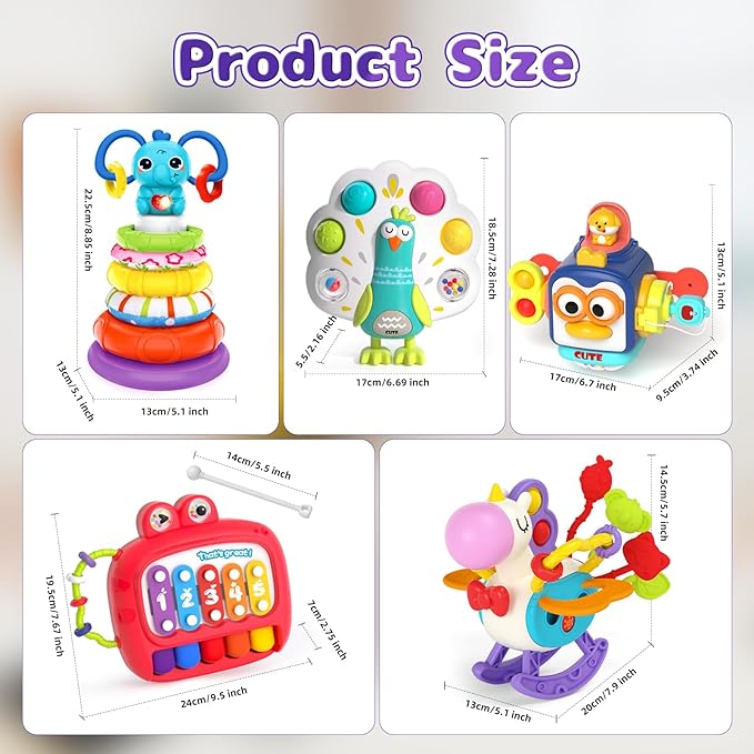 5 in 1 Baby Toy for 12 18 Month, Learning Toys for Babies 12-18 Months, Baby Busy Cube, Stacking&Sensory, Pull String&Piano Xylophone Toy, Birthday Gift for 12+ Month