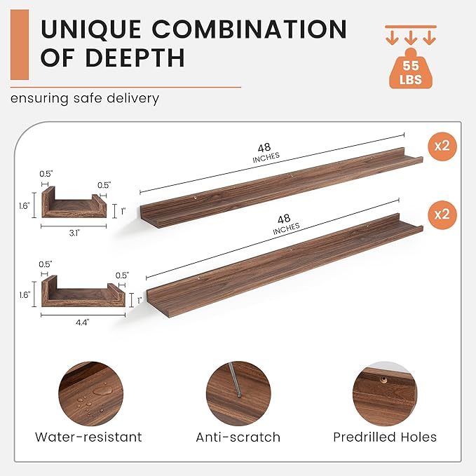 Floating Picture Ledge Shelves for Wall Set of 4, 48 Inch Wall Shelves with Lip Long Large Nursery Book Shelf for Toys Storage Kids Bookshelf Wall Mounted Living Room Bedroom Decor Frames