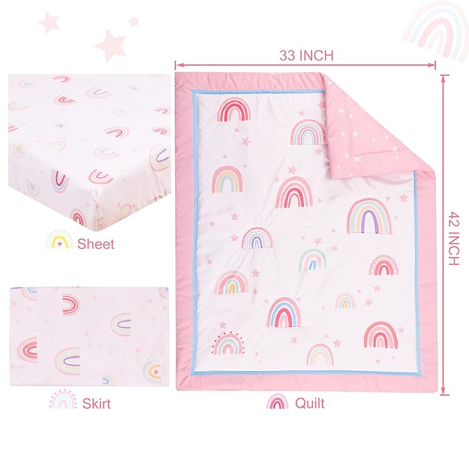 UOMNY Crib Bedding Set for Girls 3 Piece with Comforter Sheet Toddler Pillowcase Baby Bedding Sets Pink Rainbow