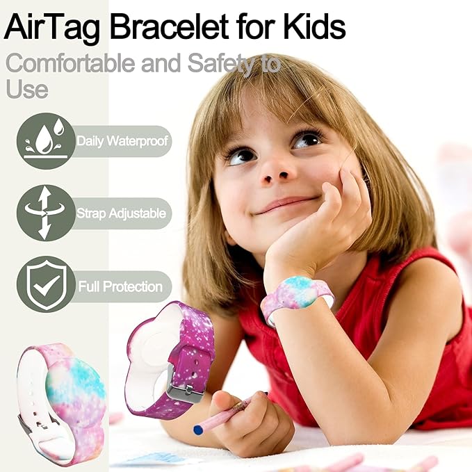 4 Pack Waterproof AirTag Bracelet for Kids, Hidden Printed Wristband for Apple Air Tag, Silicone AirTag Holder GPS Tracker Case for Band for Child Toddler, Secure Anti-Lost Protection