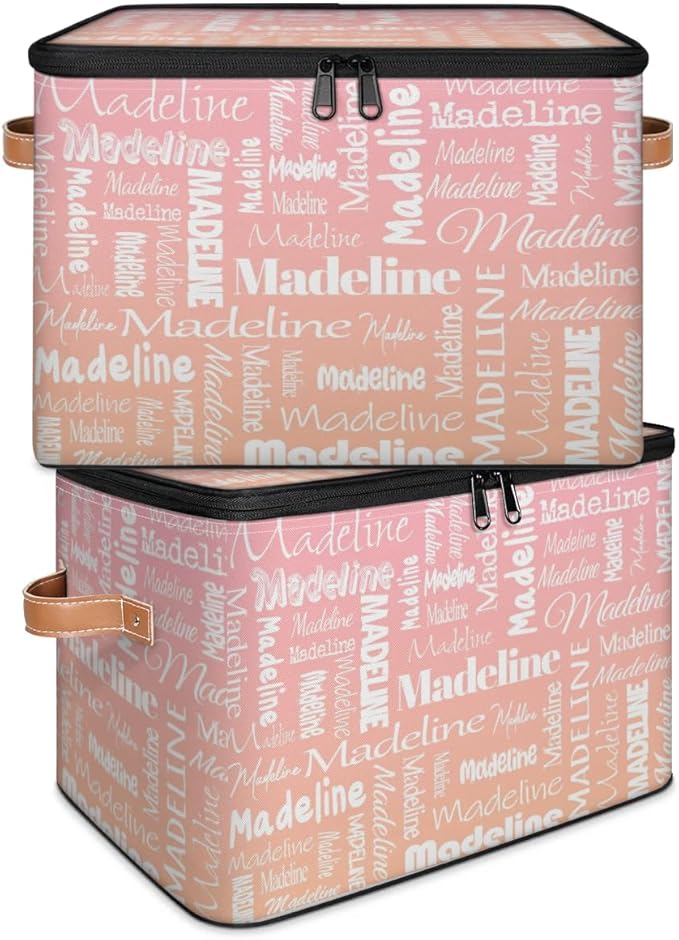 Custom Storage Basket with Name, Personalized Storage Bins with Zipper Lid, Foldable Fabric Storage Box Large capacity with Handle Pink Orange