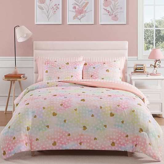 Full Size Comforter Sets with Sheets for Girls-7 Pieces Full Size Bedding Sets with Pink Comforter, Sheets, Pillowcases & Shams for Kids (Colorful Gold Heart, 76" X 86")