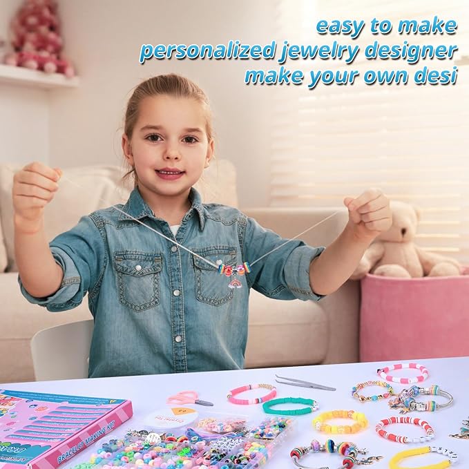 AIPRIDY 3600 Pcs Girls Toys Bracelet Making Kit, Unicorn/Mermaid Jewelry Activity, Flat College Style Beading for Friendship Jewelry Making, DIY Crafts for 4-12 Girls Birthday Christmas Gifts(Aqua)