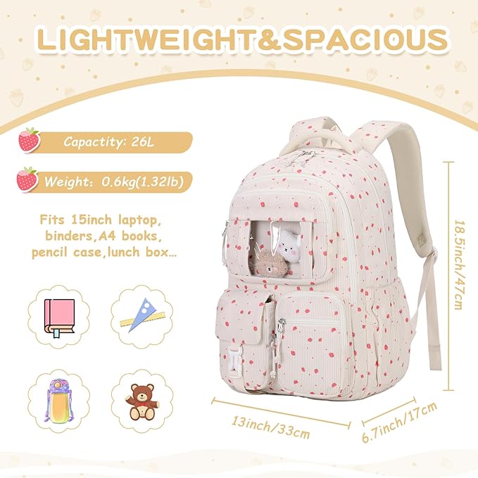 Corduroy Backpack Kids Backpack for Girls School Bags for Middle School Students Book Bag for Elementary Primary Kawaii Ita Backpack, Beige Strawberry