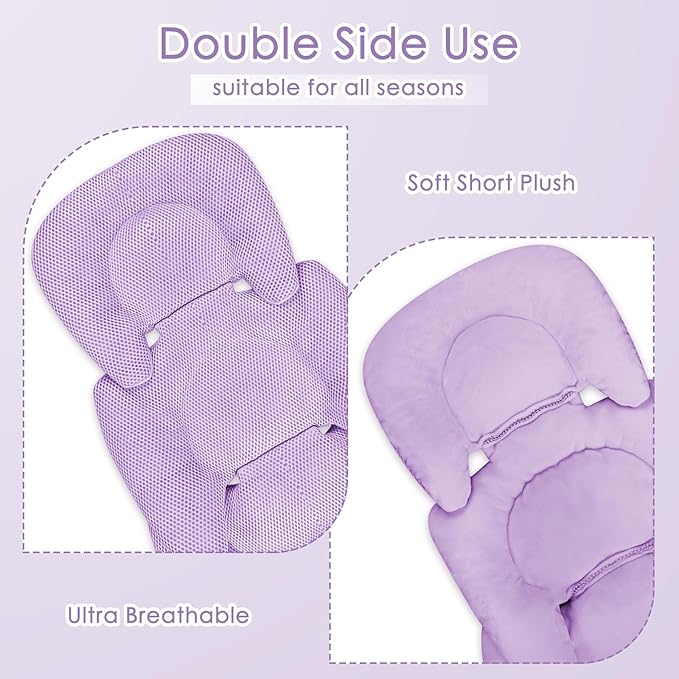 Infant Car Seat Insert for Newborn Girls Boys, Summer Mesh Baby Carseat Head Support with Strap Pads, Soft Reversible Baby Car Seat Insert Cushion Pad for Car Seat, Stroller, Bouncer, Swing, Purple