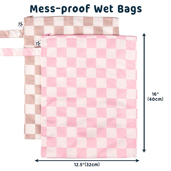 Tiny Twinkle Mess-Proof Waterproof Wet Dry Bag | 2-Pack Reusable Wet Bags for Swimsuits & Baby Clothes | Leakproof Wet Bag for Travel & Diaper Changes for Baby (Pink, Brown Checkers)
