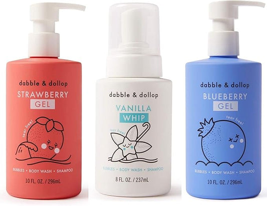 Dabble & Dollop USA Bundle, 3-in-1 Natural Bubble Bath, Body Wash & Shampoo for Kids, USA-Made, Paraben & Sulfate Free, Vegan, Tear-Free, Strawberry, Vanilla & Blueberry (Set of 3)