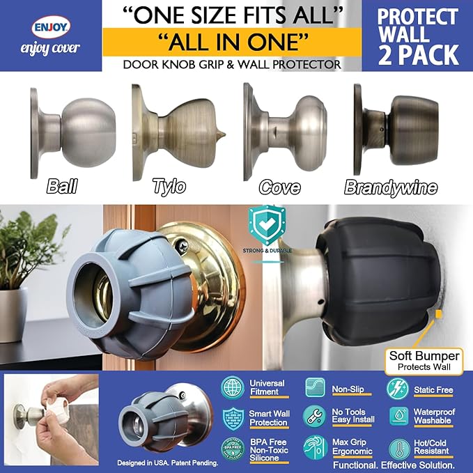 Door Handle Grip Doorstop Knob Stopper Cover, Set of 2 Door Knob Grips Universal Size (Gray)