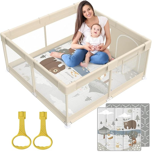 Fodoss Baby Playpen with Mat, Small Baby Play Pen(47x47inch), Playpen for Babies and Toddler (47×47inch Beige with mat)