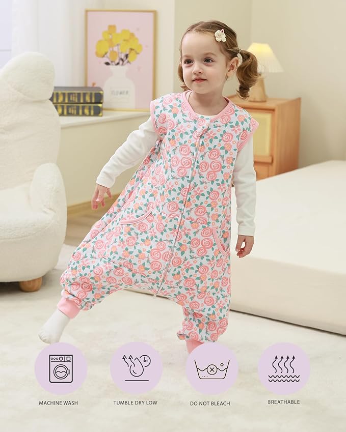 HOMEAL 1.0Tog Toddler Sleep Sacks 2T-3T,Toddler Sleeping Sack with Legs, Sleep Sacks, Baby Wearable Blanket, Pink Rose