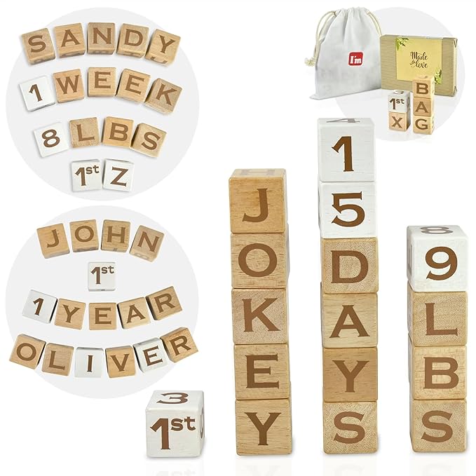 I'm Solid Wood Baby ABC Alphabet Milestone Age Blocks, Personalized Own Name, Gender Neutral, Newborn Gifts & Keepsakes for Picture Props (1.4" / 16 Pcs/Brown)