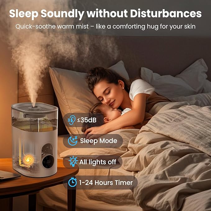 Humidifiers for Bedroom Large Room Home - GloryAir 6L Quiet Top Fill Cool & Warm Mist Humidifier with Smart Humidity Control, Remote Control, 7-Color Light, Humidistat, Oil Diffuser for Plants & Baby