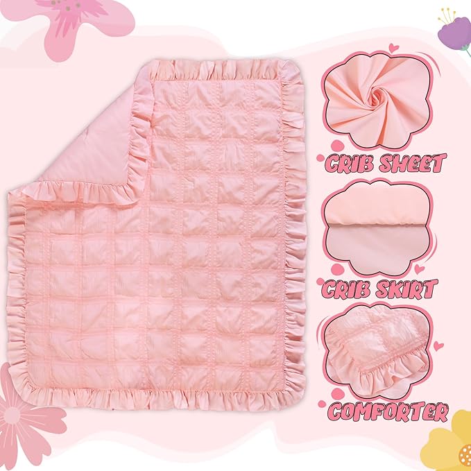 Cloele 3 Pieces Crib Bedding Set for Girls,Standard Size Pink Ruffled Nursery Crib Baby Bedding Set Includes Comforter Fitted Sheet Crib Skirt -Girls Solid Seersucker Ruffle Quilt