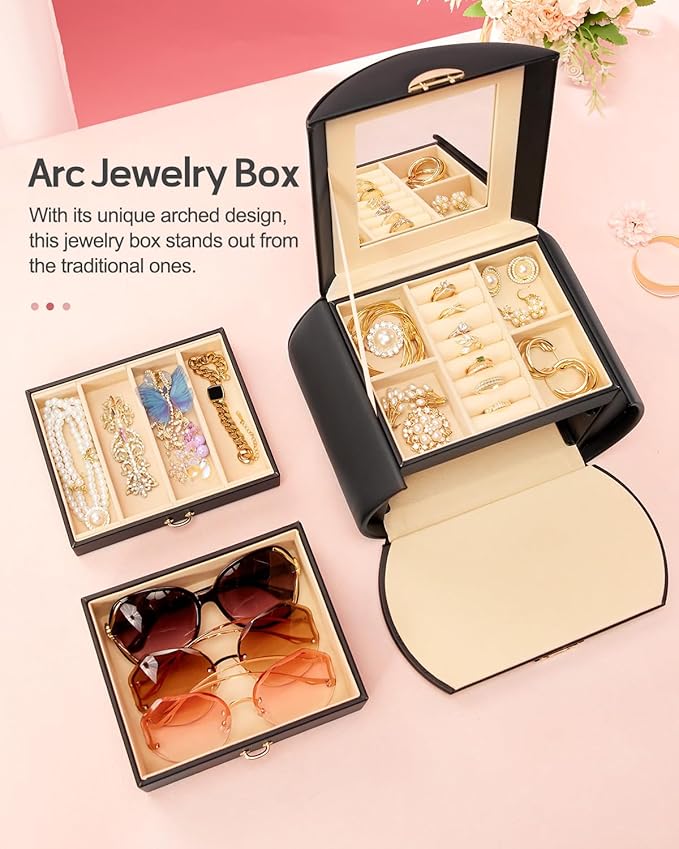 Homde Girls Jewelry Box Jewelry Storage Case Organizer with Mirror for Rings, Earrings, Bracelets, Necklaces (Black + Gold)