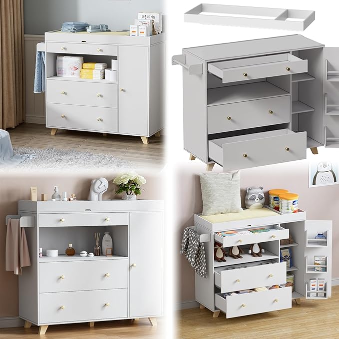 PAKASEPT Changing Table Modern Dresser with Wide Table Top, 3 Drawers, White Drawer Dresser
