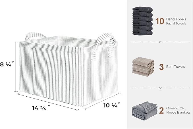 StorageWorks Storage Bins, Fabric Storage Bins for Shelves, Storage Baskets with Metal Frame, Closet Baskets and Bins with Handles, Gray and White Stripes, 2-Pack