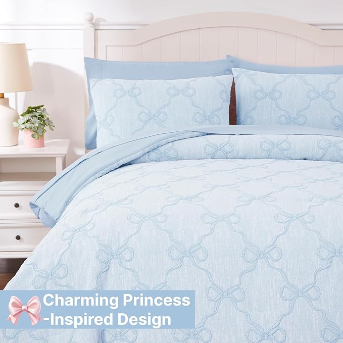 Queen Comforter Set with Sheets for Girls-7 Pieces Queen Bedding Sets with Light Blue Comforter, Sheets, Pillowcases & Shams for Kids (Light Blue Bow Knot, 90" X 90")