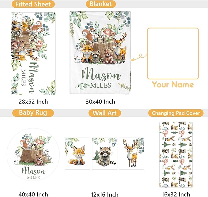 Personalized Baby Bedding Set, 5 Pcs Custom Baby Crib Sets with Name, Toddler Bedding Set for Baby Boys Girls, Forest Animal Double Layer Nursery Bedding Set, Customized Gifts for Infants Kids