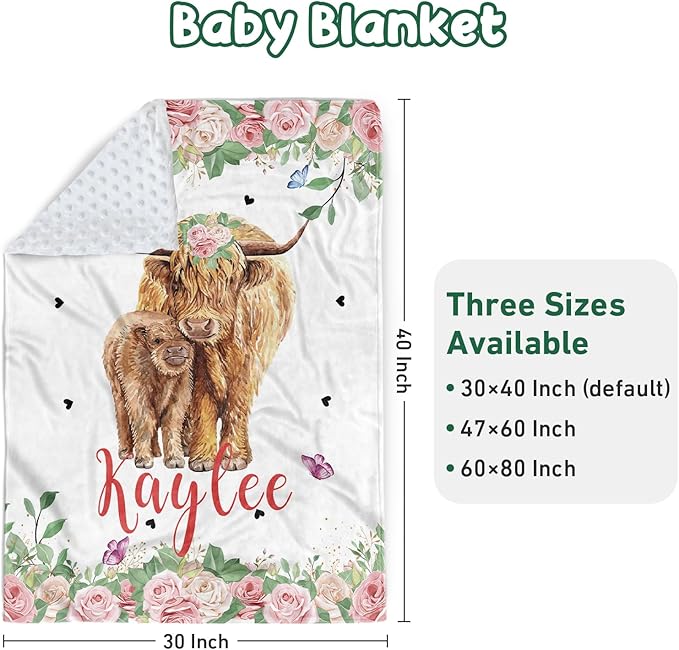 Personalized Baby Crib Bedding Set - Custom Name Highland Cattle Design 3 Pcs Set - Soft Blanket with Double Layer Dotted Backing, Fitted Sheet, Room Rug for Newborns Boys Girls Shower Gift