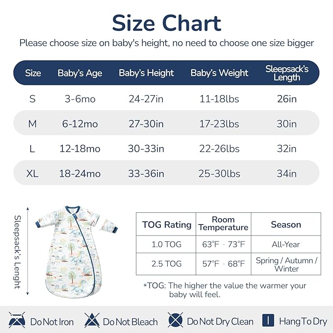 Baby Sleep Sack 18-24 Months, Cotton Detachable Long Sleeve Sleep Sack, 1.0 Tog Toddler Sleeping Sack with Temperature Strips, 2-Way Zipper Wearable Blankets for Newborns, Dinosaur