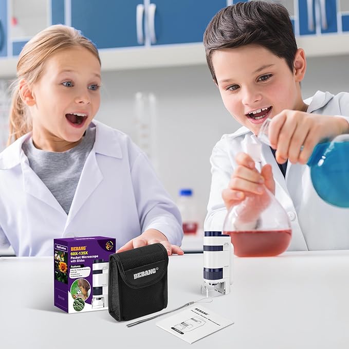 Handheld Portable Pocket Microscope for Kids - BEBANG 135x Mini Lab Kids Microscope with 5 Prepared Slides LED Portable Microbiological Observation Miniscope Tool for Science Exploration