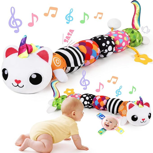 Baby Toys 0-6 6-12 Months, Sensory Musical Animal Stuffed Toy for Infant 0-3 3-6 Months, Tummy Time Toys with Mirror Crinkle Rattle, Plush Unicorn Cat Toy Gifts for 0 1 2 3 4 5 6+ Months Boys Girls