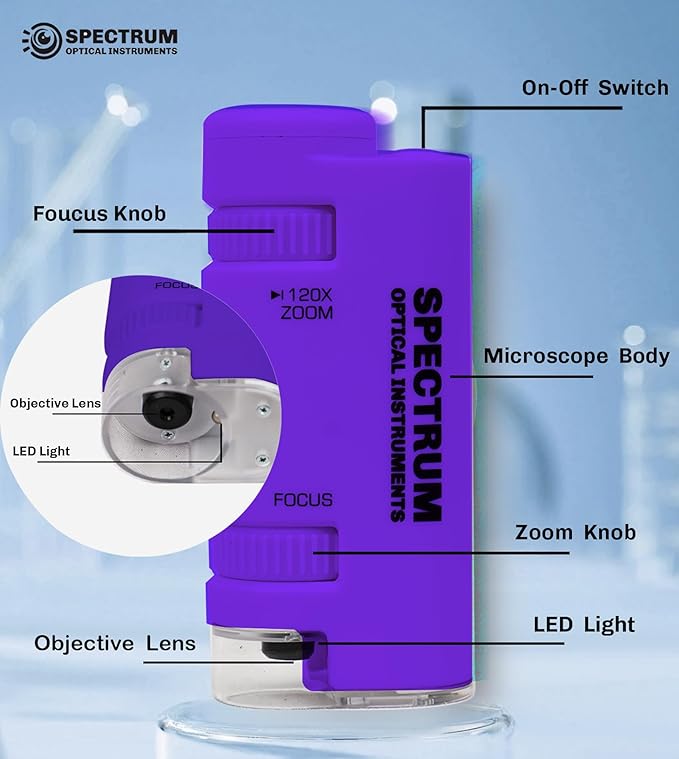 EasyMicro LED Lighted Pocket Microscope 60-120X Magnification Purple Color