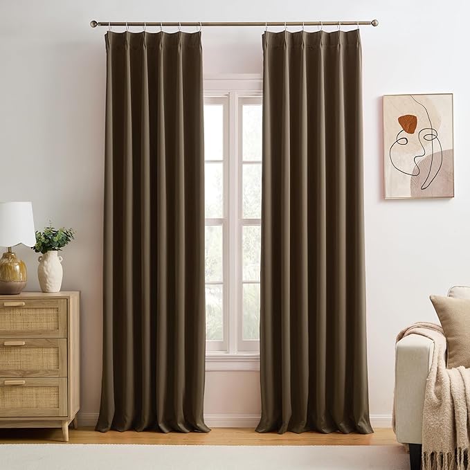 KEQIAOSUOCAI Brown Blackout Curtains 96 Inches Long,Soft Polyester Faux Silk Floor Length Pinch Pleats Panels Drapery for Bedroom, Living Room, Office, Hotel, 40" W x 96" L, Set of 2, Dark Chocolate