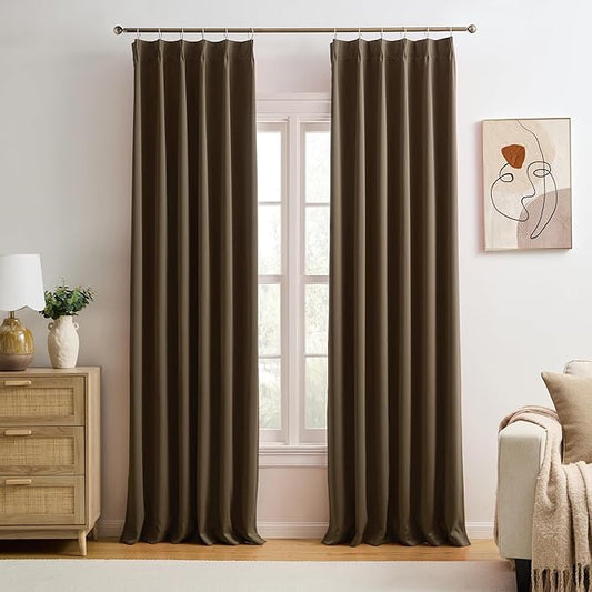 KEQIAOSUOCAI Brown Blackout Curtains 96 Inches Long,Soft Polyester Faux Silk Floor Length Pinch Pleats Panels Drapery for Bedroom, Living Room, Office, Hotel, 40" W x 96" L, Set of 2, Dark Chocolate