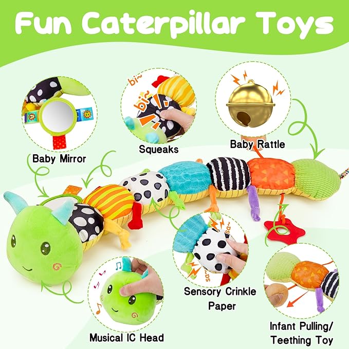 Baby Sensory Toy 0-6 Month Music Animal Stuffed Plush Caterpillar Toy for Infant 0-3-6 Month Tummy Time with Baby Mirror Crinkle Rattle for 6-12 Month Carseat Toys for Newborn Boys Girls Shower 1