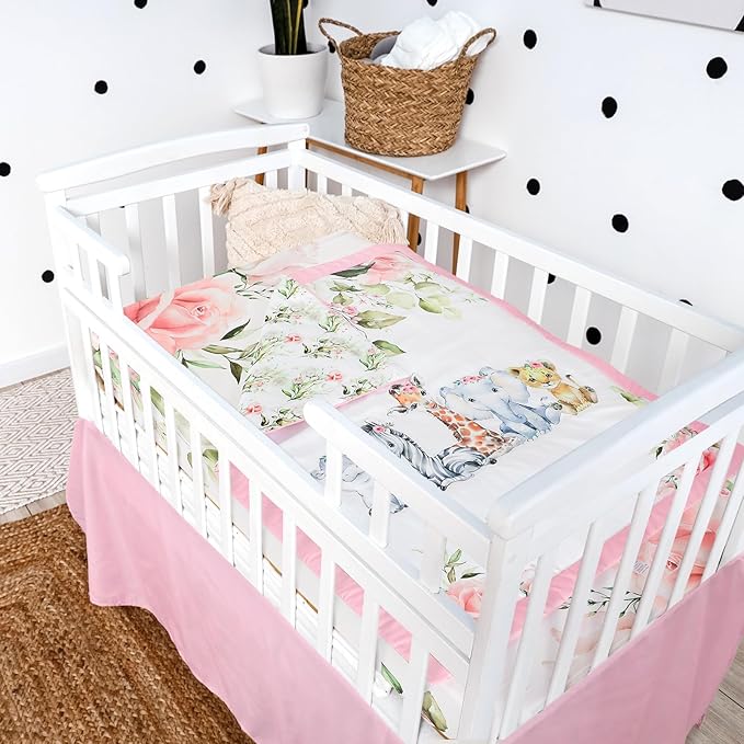 3 Pcs Baby Crib Bedding Set Safari Animals Dinosaurs Bear Woodland Animals Jungle Crib Set Includes Quilt, Fitted Sheet, Skirt for Baby Boy Girl(Pink,Safari)