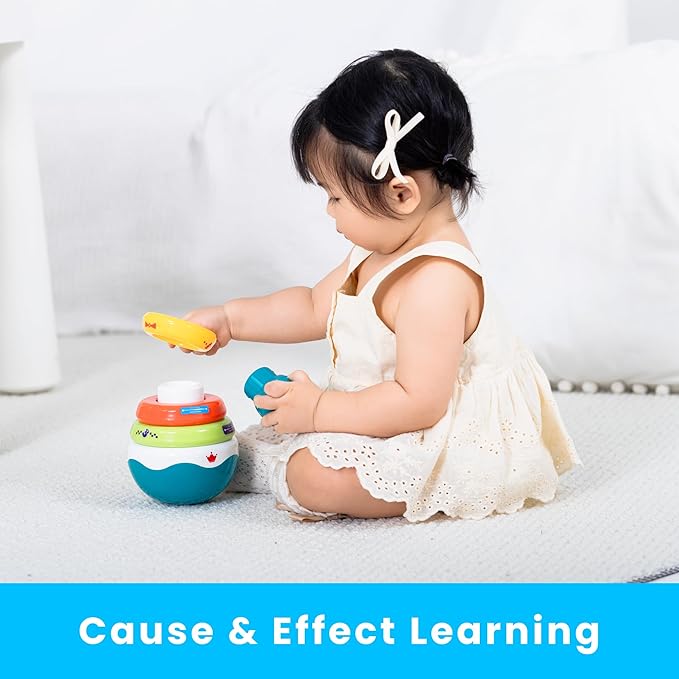 PlenPLAY Baby Tummy Time Toys - Dino Stacking Toys for Age 6+ Months, Weeble Wobble Toys for Babies 6 9 12 Months, Stacking Rings STEM Learning Toy, Sensory Learning Toy (Dinosaur), Small, Blue