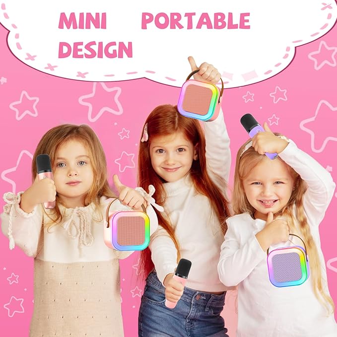 【2025 Newest】 Mini Karaoke Machine for Kids Girls & Boys - Portable Bluetooth Speaker with 2 Wireless Microphones - Kids Birthday Gifts for Ages 4-10 - Kids' Instrument Accessories - Rose Gold