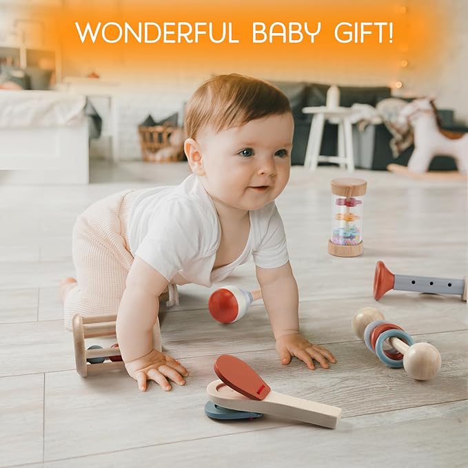 Montessori Mama Baby Rattle and Musical Set, 6 Piece Wooden Infant Toy