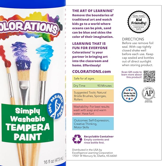 Colorations Paraben-Free Washable Tempera Paint Set, 19 Colors, Non-Toxic, Vibrant, Kids' Art Supplies