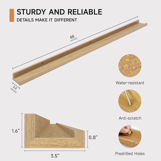 Fun Memories Picture Ledge Shelf, 48 Inch Floating Shelves Set of 2, Large Nursery Book Shelves for Toys Storage, Kids Bookshelf Wall Mounted for Wall Decor Books Photo Frames, Oak