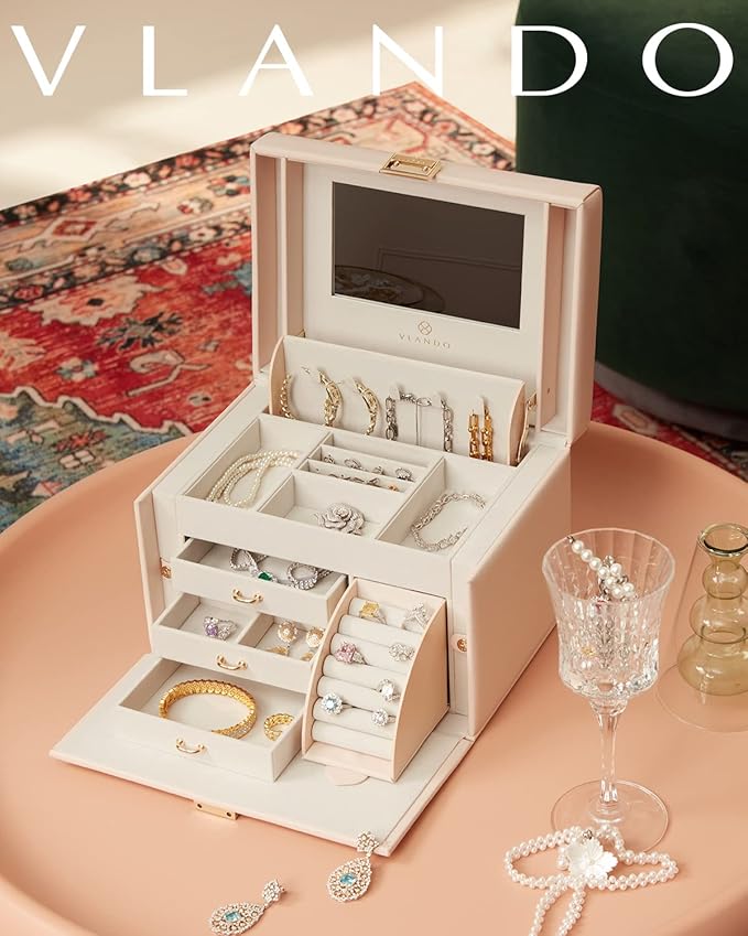 Vlando Jewelry Box Organizer for Girls Women, Large Baroque Jewelry Holder Organizer with Mirror, 3 Drawers for Bracelets, Earrings, Rings, Necklaces, Mothers Day for Loved One, Pink