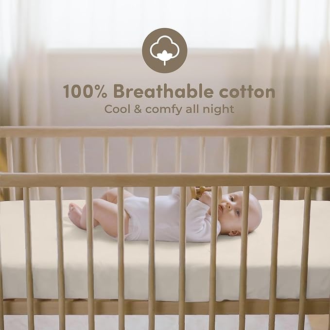 Sweety Fox 2-Pack Cotton Jersey Crib Sheets – Soft Fitted Sheets for Boys and Girls, Mini Crib Sheets, Toddler Bed Sheets (Pecan/Cream)