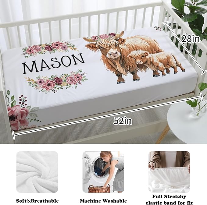 Custom Nursery Crib Bedding Set: Personalized Name 4 Piece Flower Highland Cow Design Baby Crib Sets for Baby Girls - Toddler Double Layer Blanket Set, Comfortable Crib Bed Sheets for Baby Toddlers