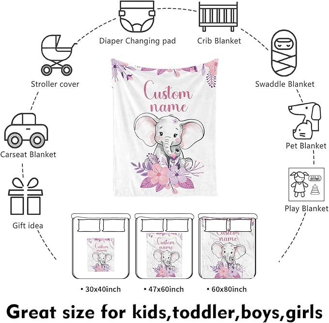 Custom Nursery Crib Bedding Set: Personalized Name 4 Piece Purple Flower Elephant Design Baby Crib Sets for Girls - Toddler Double Layer Blanket Set, Comfortable Crib Bed Sheets for Baby Toddlers