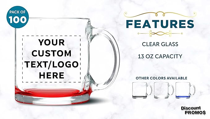 Custom Libbey Clear Glass Coffee Mugs 13 oz. Set of 100, Personalized Bulk Pack - Perfect for Coffee, Tea, Espresso, Hot Cocoa, Other Beverages - Red Bottom