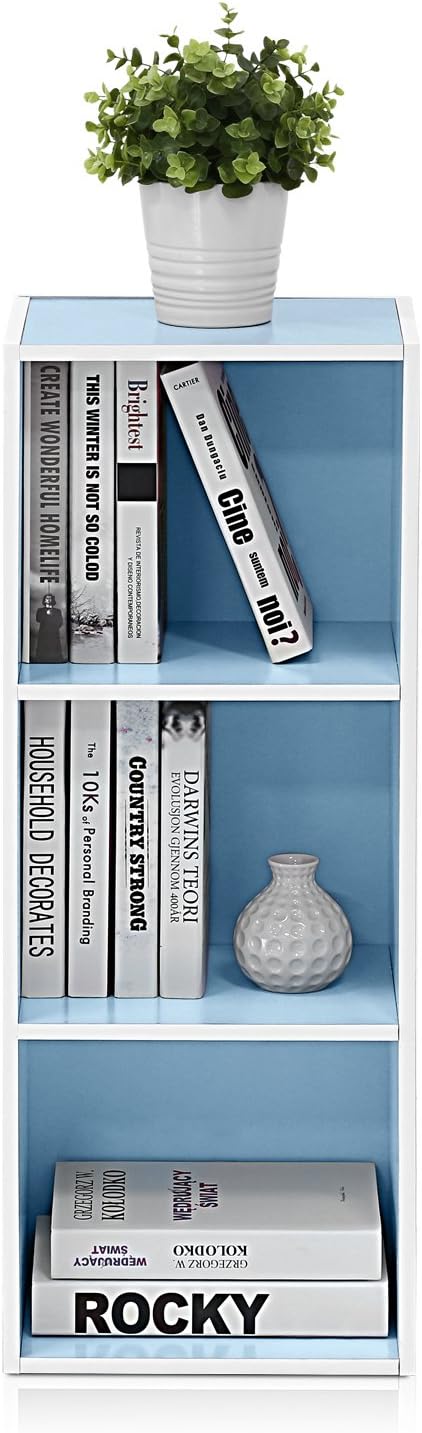 Furinno 3-Tier Open Shelf Bookcase, White/Light Blue 11003WH/LBL