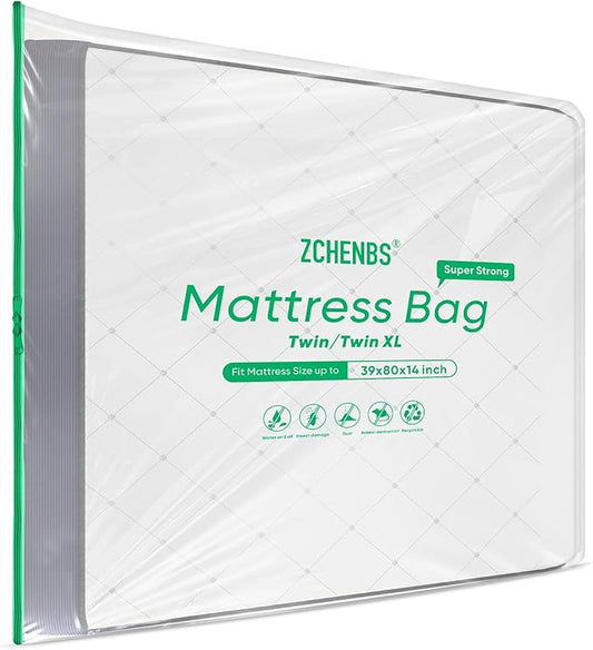 ZCHENBS® – Mattress Bags for Moving and Storage,Mattress Bag with Zippers,5 Mil Ultra-Thick Bed Bag,Waterproof,Anti-Tear,Heavy-Duty Mattress bag (Tansparent/Green, Green-Twin/Twin XL-(1 Pack))
