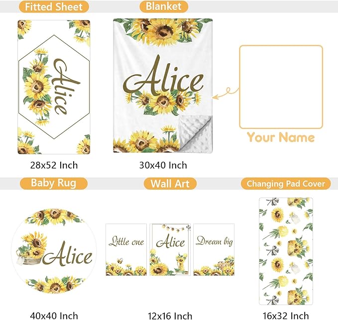 Personalized Baby Bedding Set - 5 Pcs Custom Infants Bedding Set with Infant Name - Double Layer Nursery Crib Set for Girls Boys - Customized Gifts for Toddler Baby Shower - Yellow Sunflower