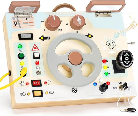 Joyreal Montessori Toddler Busy Board - Montessori Toys for 1 2 3 Years Old, Wooden Sensory Board with LED Lights, Steering Wheel, Music Player, Travel Toys for 1+ Year Old Boy & Girl Birthday Gift