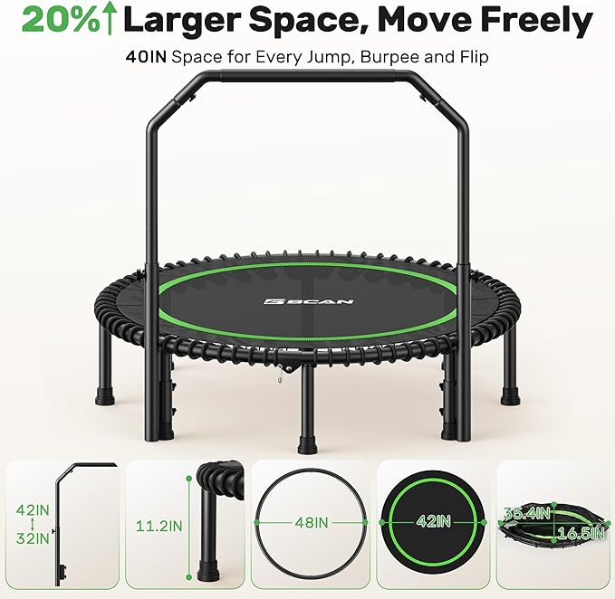 BCAN 40"/48" Mini Rebounder Trampoline for Adults with Bar, 450/550LBS Fitness Trampoline with Bungees, Adjustable Handle, Stable & Quiet, Indoor Outdoor, Whole-Body Workout & Relaxation at Home