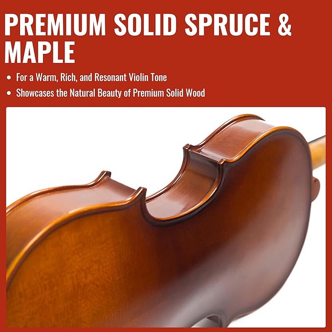 3/4 Violin for Kids, Beginners, Students, Solid Spruce Top, Maple Back Fiddle with Brazilwood Bow, Tuner, Hard Case, Shoulder Rest & More, Perfect Handcraft Gift for Young Musicians