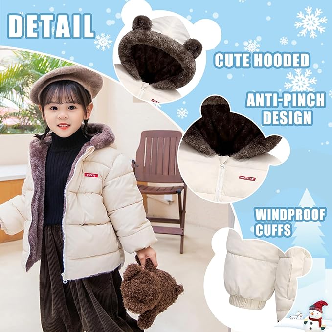 Infant Baby Winter Coat Bear Hooded Jacket Warm Fleece Snowsuit Windproof Outerwear for Toddler Boy Girl 9M-4T